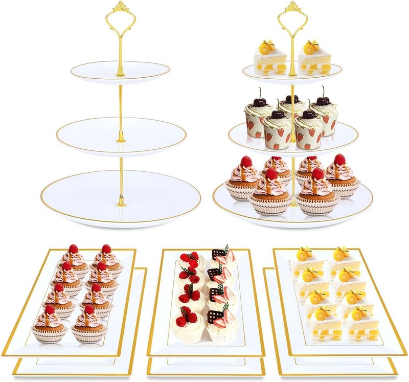 8PCS Cake Stand Set, Plastic Cupcake Stands with Gold Rim, Dessert Display St…