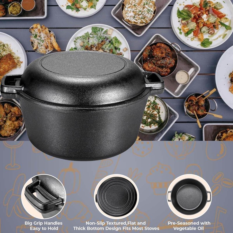 TLGREEN Cast Iron Dutch Oven Pot with Lid, Pot (5.1QT) and Lid as a Skillet(1... gallery