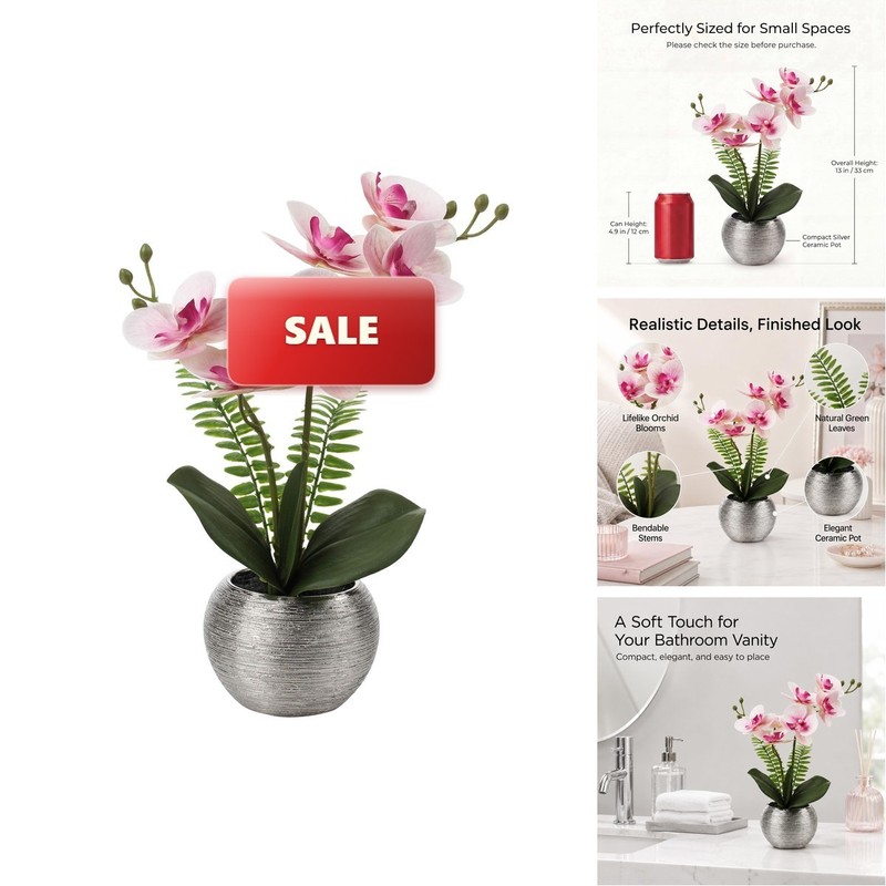 Briful 13″ Small Artificial Orchid Flowers In Silver Ceramic Pot, Light Pink