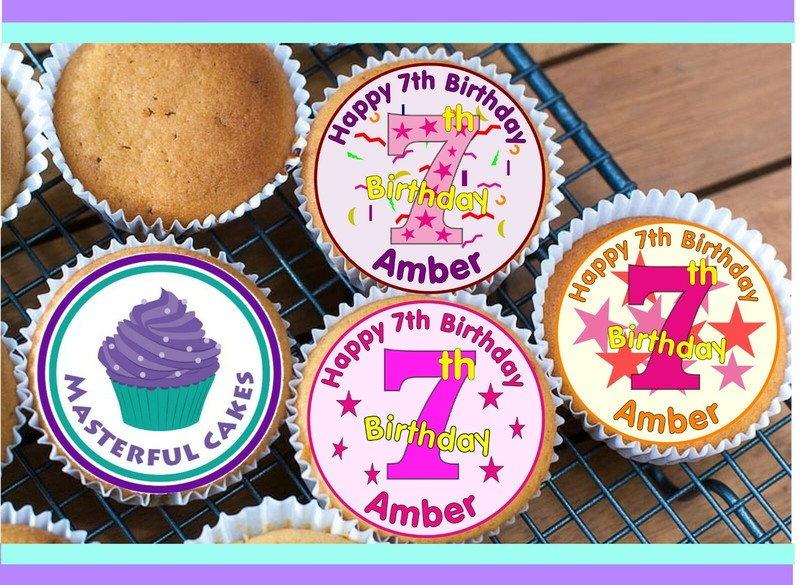 24 PERSONALISED 7th BIRTHDAY DESIGN 3 CUPCAKE TOPPER RICE, WAFER,ICING & PRECUT