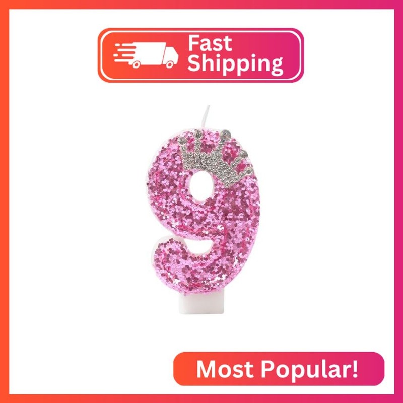 Birthday Number 9 Candles,Pink Crown Birthday Candles for Cake,Glitter Sequins N