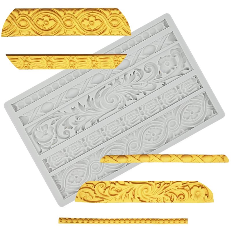 Palksky DIY Baroque Scroll Relief Cake Border Silicone Mold/Vintage Off-White
