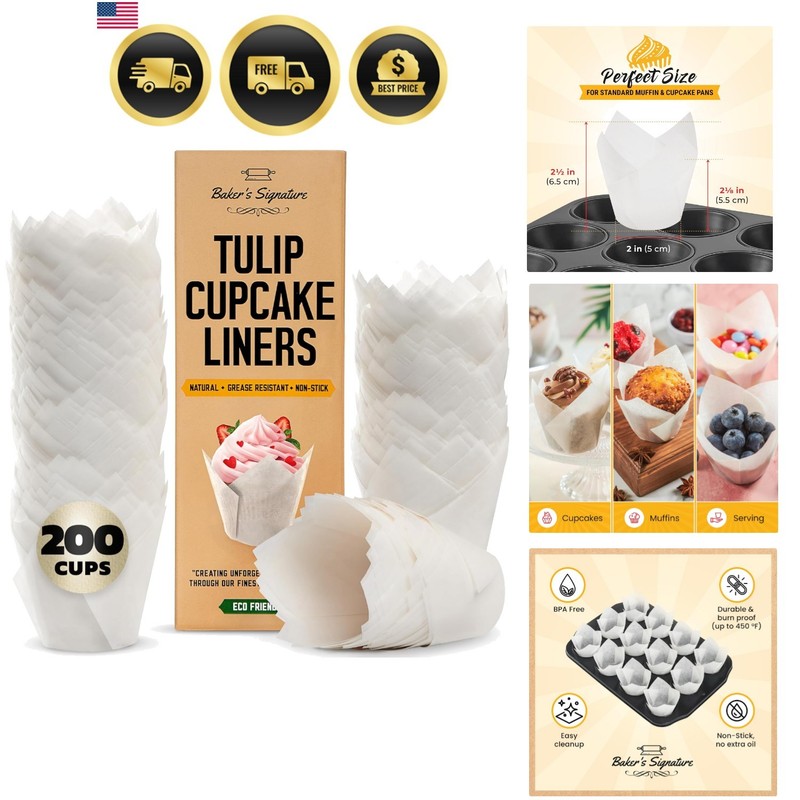 Cupcake Liners Baking Cups for Muffins Parchment 200 Pack White