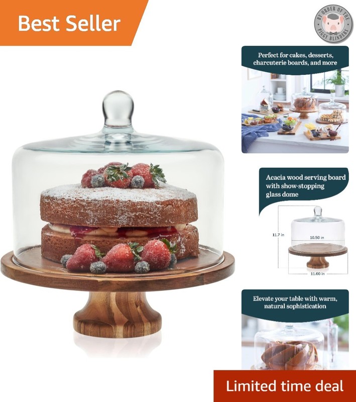 11.6″ Round Acacia Wood Cake Stand with 10.5″ Glass Dome – Perfect for Gifting
