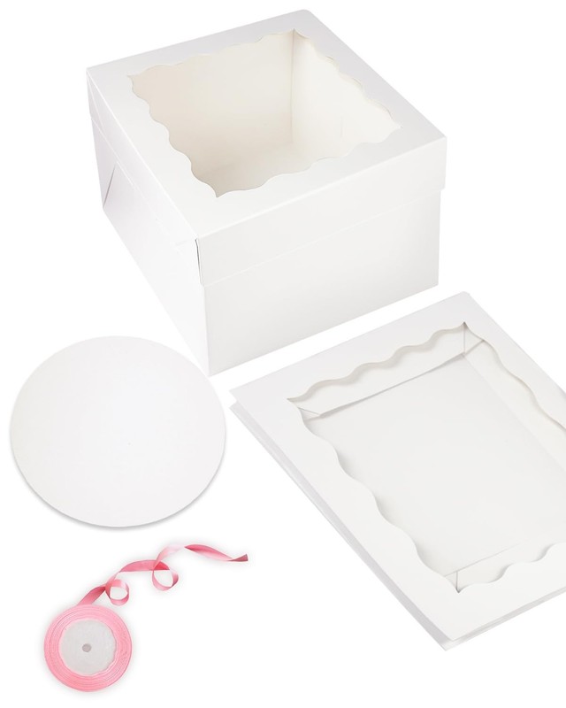 18 Sets White 12x12x8 Inch Cake Box with Window 12 Board Silk Ribbon gallery
