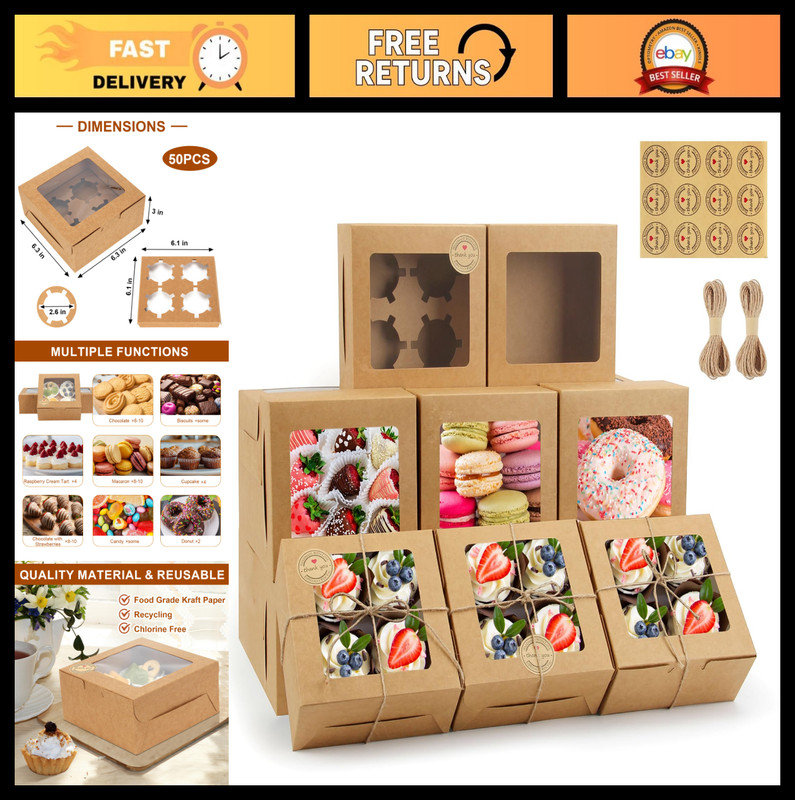 50 PCS Cupcake Boxes with Window – 6x6x3 Inch Bakery Treat Boxes for Cookies, De