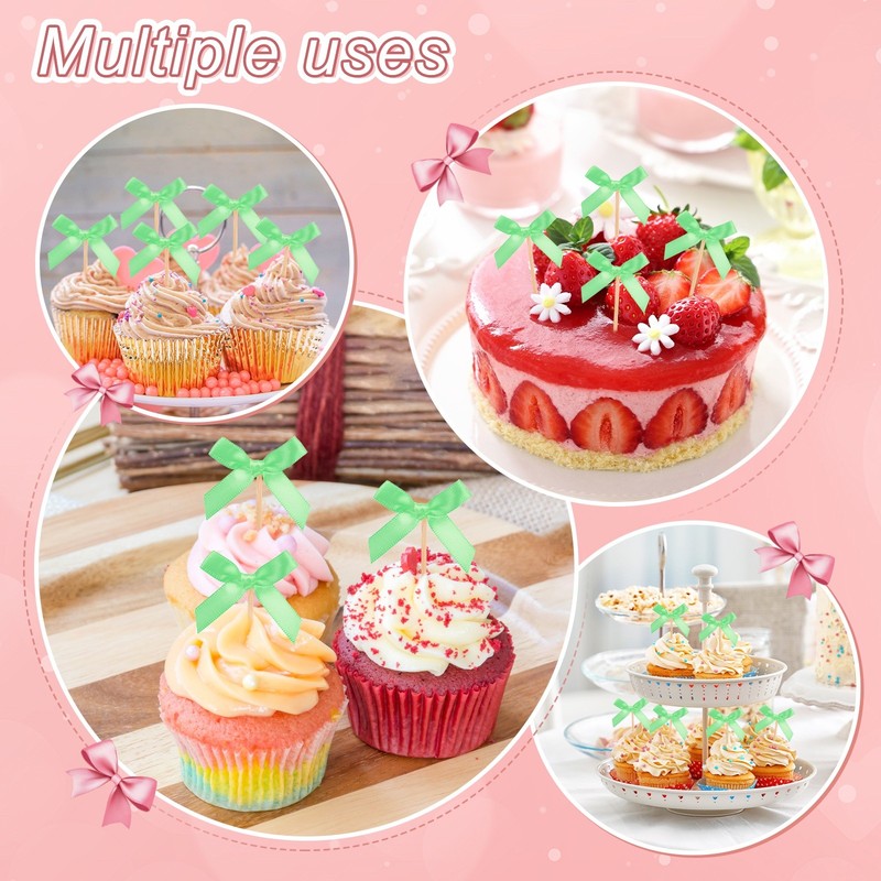 60Pcs Bow Cupcake Toppers Ribbon Bow Cake Toppers for Cupcake Decor[Fruit Green] gallery