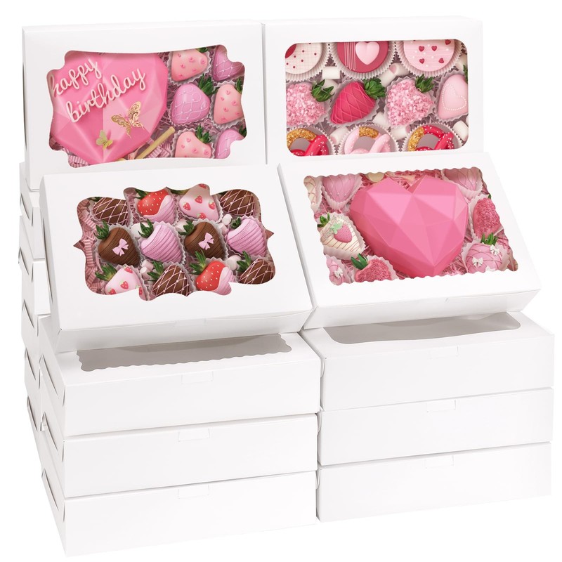 80 PCS 12x8x2.5 Inch 4 Style White Bakery Cookie Boxes Window Treat Dessert