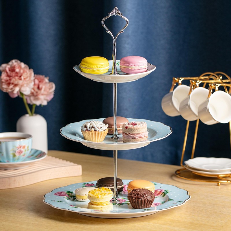 BTaT- Floral 3 Tier Cake Stand, Porcelain, Pastel Blue with Pink Roses & Gold... gallery