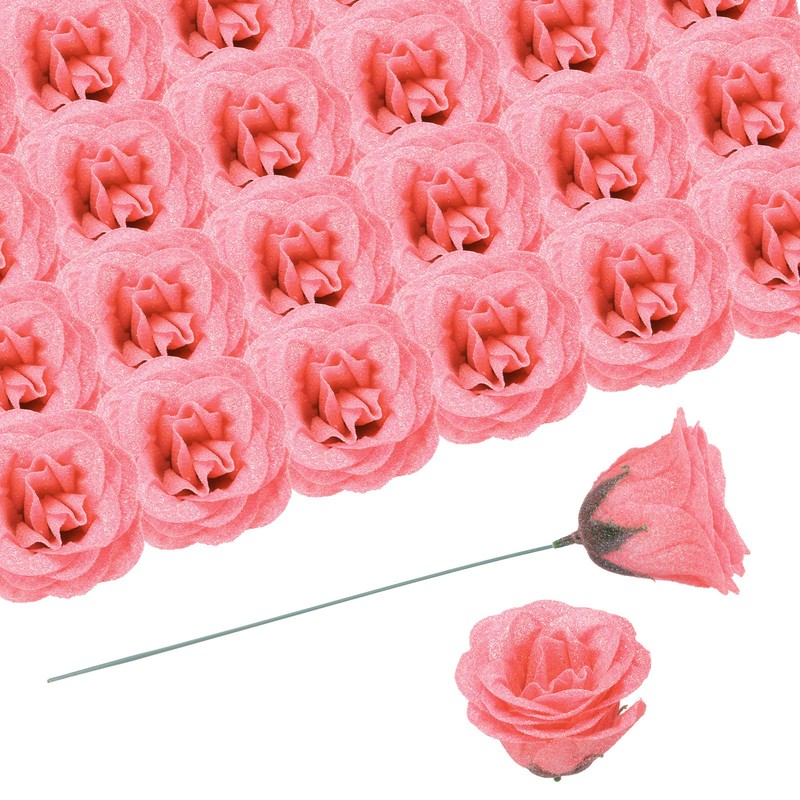 50pcs Roses Glitters Fake Flowers Artificial Flowers with 50pcs Stems Light Pink