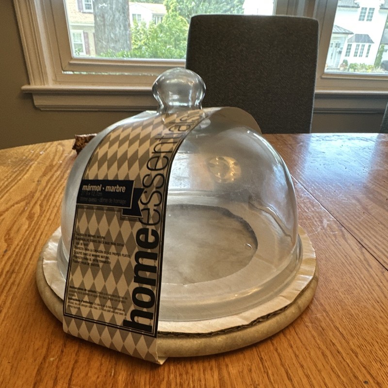Home Essentials Marble Cake Stand w/ Clear Glass Dome Lid, Round 12 in