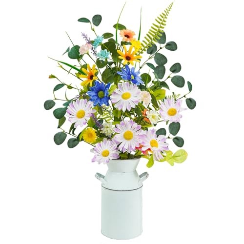 Fake Flowers with Vase, 23″ Tall Faux Floral Arrangement in Metal Pot Yellow