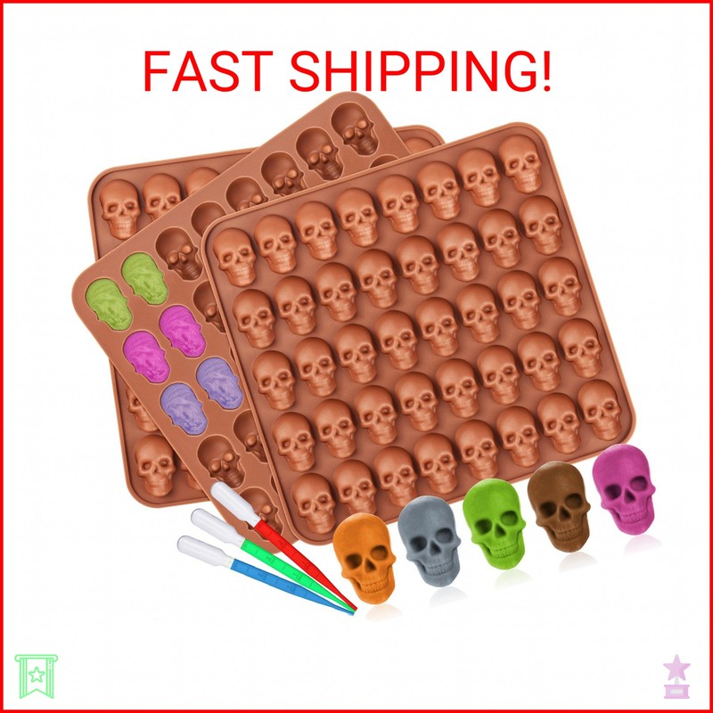 3 Pack Gummy Skull Silicone Candy Molds, Halloween Mini Skull Mold with 3 Droppe