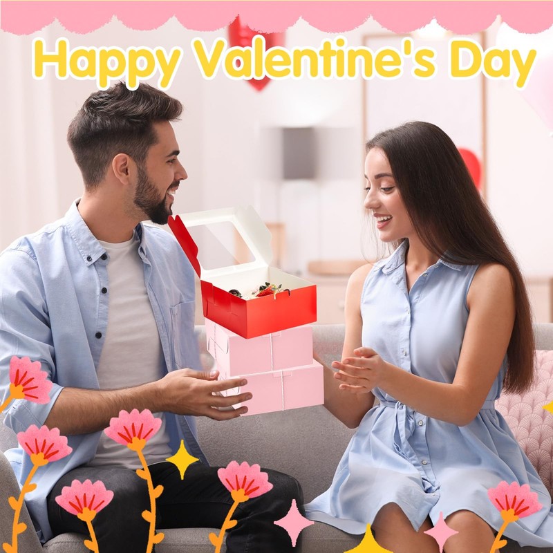 100 PCS 4x4x2.8 Inch Valentine Cookie Boxes Window Red Pink Pastry Bakery gallery
