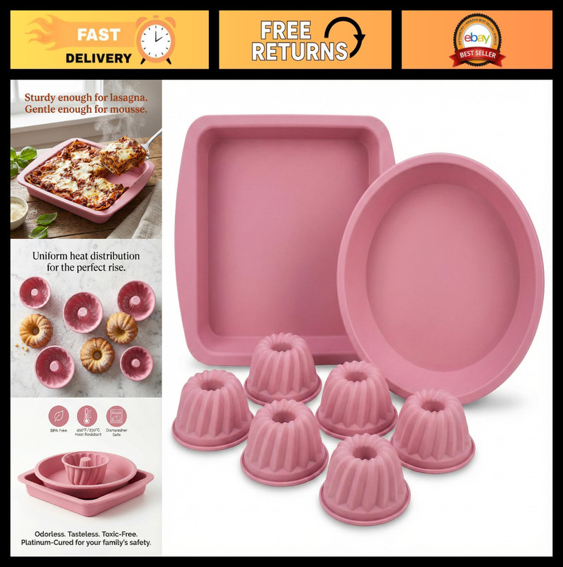 8pc Non-Stick Silicone Baking Molds Set – Square, Round & Mini Gugelhupf Pans –