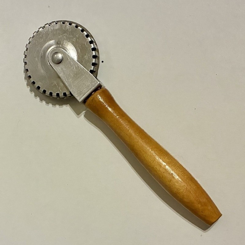 Double Wheel Pastry Cutter Metal Wood Round Shape Wooden Handle Silver Brown