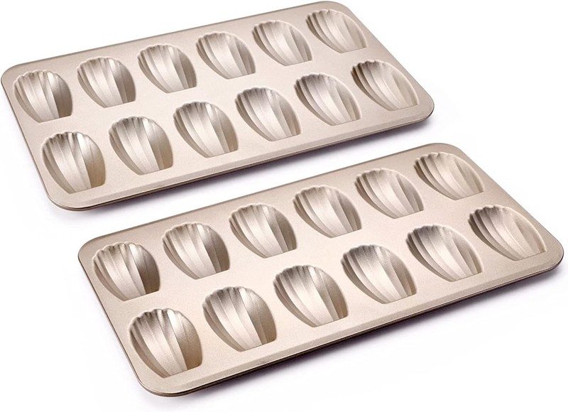 HONGBAKE Nonstick Madeleine Pan 2 Pack 12-Cavity Heavy 2 pack, Champagne Gold