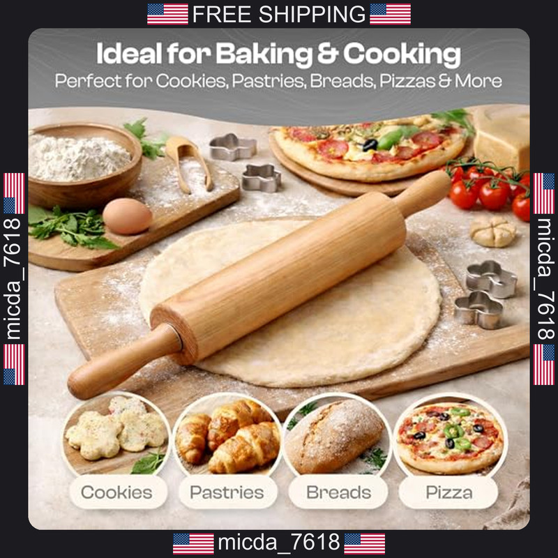 Wooden Rolling Pin Beech Wood 17.6 Inch for Baking Dough gallery