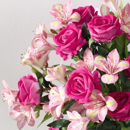 Fake Flowers, 14 Pcs Fake Roses & 10 Pcs Hot Pink Roses & 4 Pcs Pink Lilies gallery