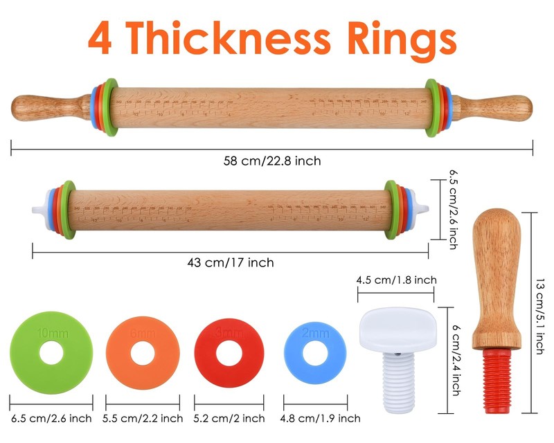 Rolling Pin with 4 Adjustable Thickness Rings and Long Handle 13.6 Inch Woode... gallery