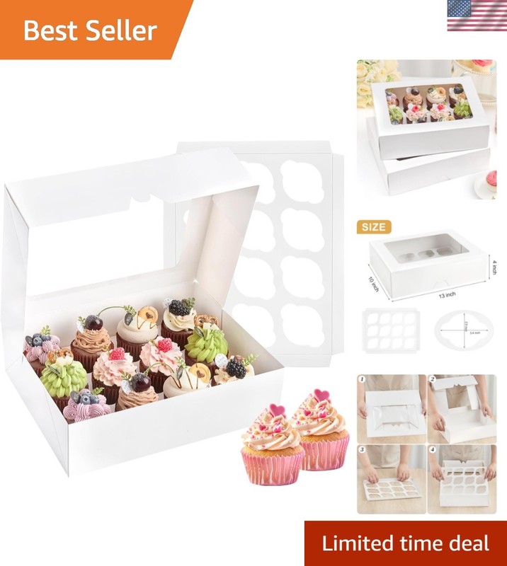 12 Count Cupcake Boxes, 2 Pack White Cupcake Containers with Windows and Inse...