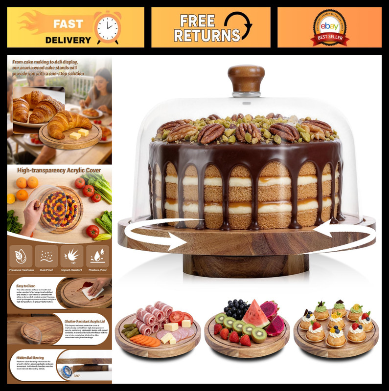 12in Acacia Wood Cake Stand with Acrylic Dome – Perfect for Weddings, Birthdays