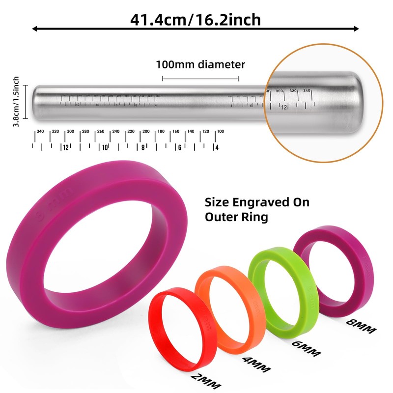 Stainless Steel Rolling Pin with Adjustable Thickness Rings - 16.2in, Silver gallery