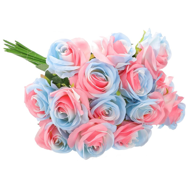 15Pcs, Fake Roses Artificial Flowers Artificial Silk Roses Gradient Blue Pink