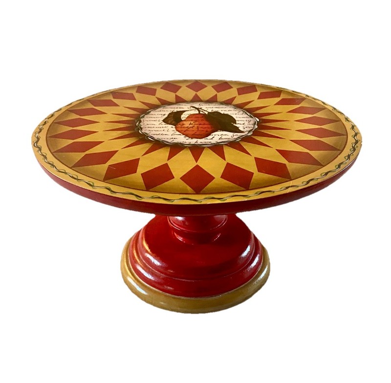 VINTAGE WOOD PEDESTAL CAKE STAND – Découpage AND hand Painted – Signed