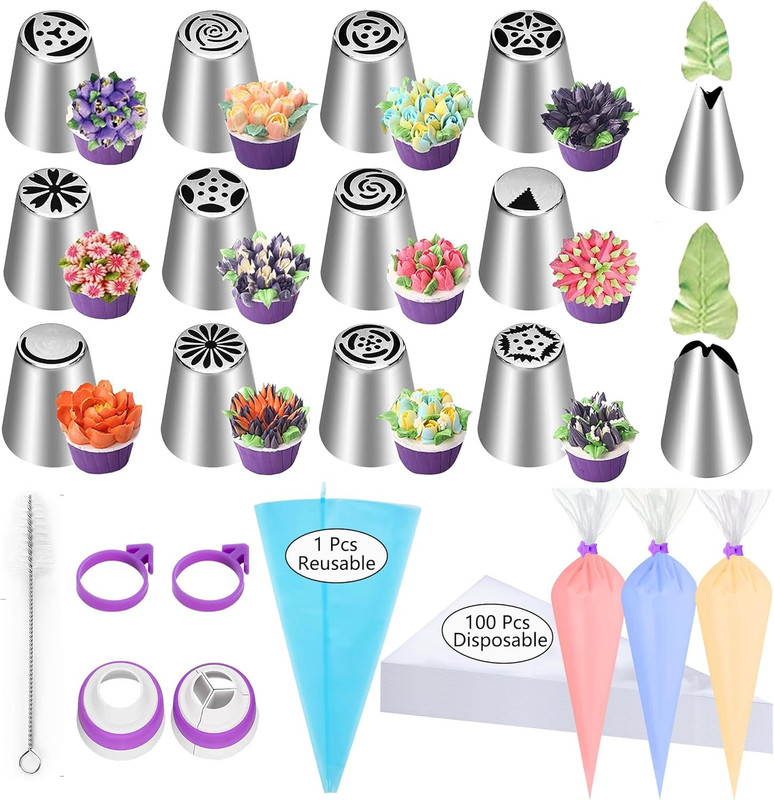120 PCS Piping Bags and Tips Set 14 in 100 PCS Pastry Bags Cupcake Cookie Cake D gallery