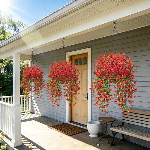 4 Pcs Artificial Hanging Flowers for Outdoors, Realistic Faux Silk Flowers Red gallery