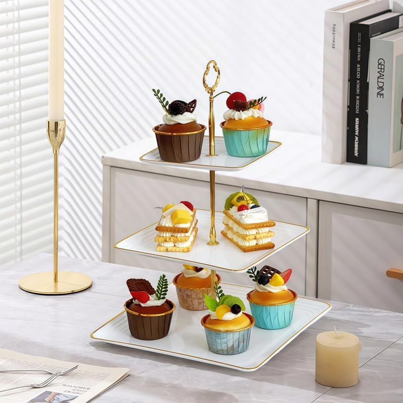2 Pack Plastic 3 Tier Cupcake Stand with Gold Rim, Plastic Tiered Serving Sta... gallery