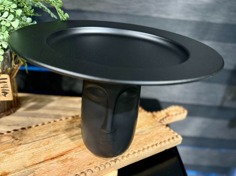 Metal Matte Black PEDESTAL CAKE SERVING STAND Plate Tray FACE Man Hat Dome Lid gallery