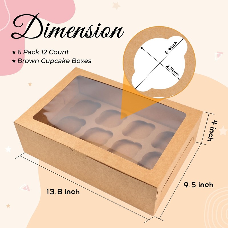 6 Pack Cupcake Boxes 12 Count Container Window Cardboard Food Grade Brown gallery