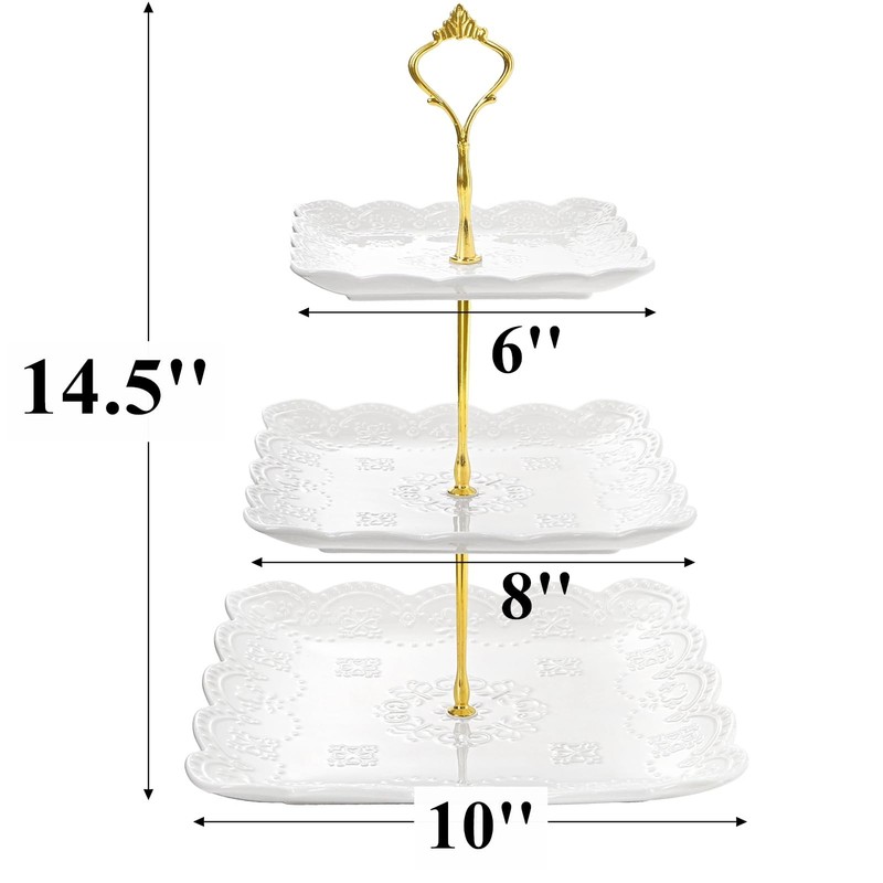 Tebery 2 Pack 3-Tier White Ceramic Embossed Dessert Cake Tower Stand with Gold gallery