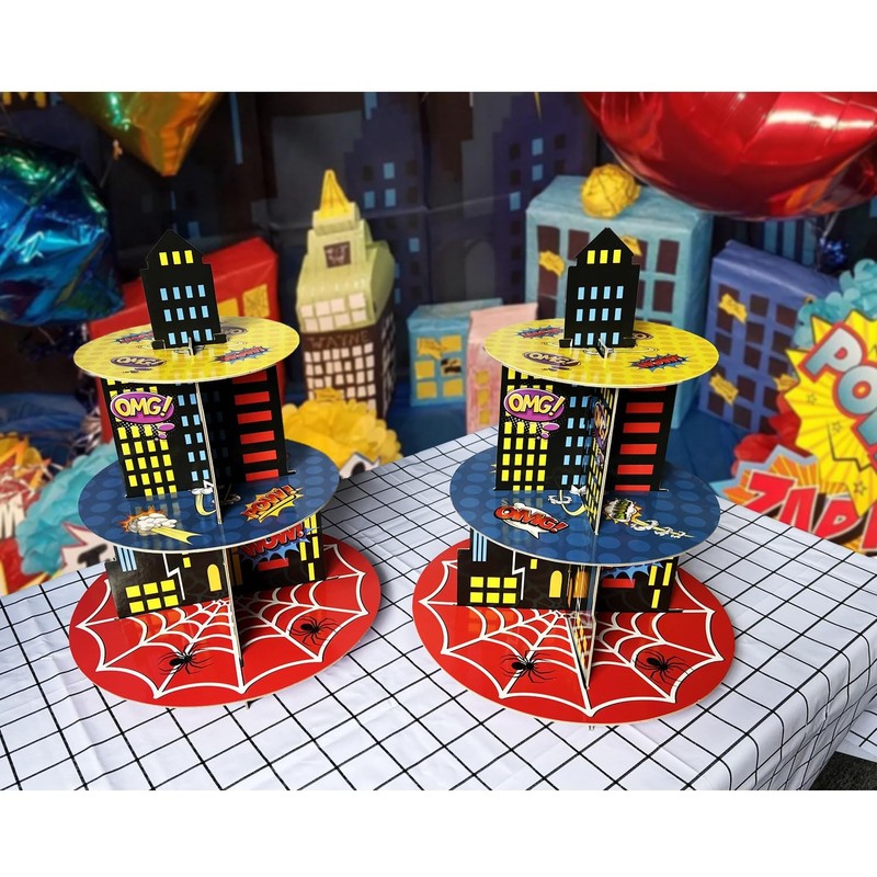 2 Pack Hero Party Supplies Cupcake Stands, 3-Tier Building Cardboard Cupcake ... gallery