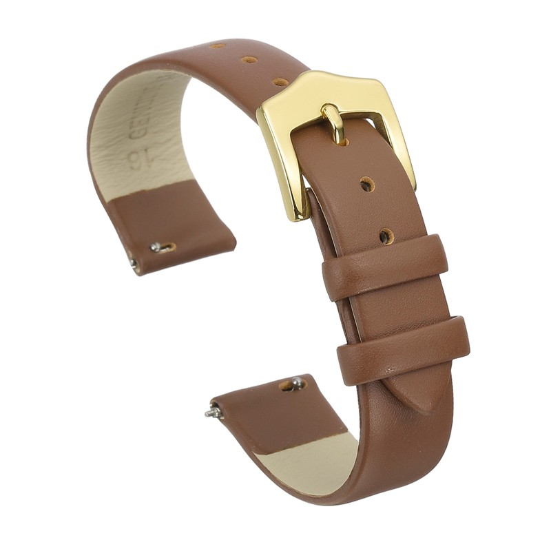 16mm Light Brown Leather Watch Straps with Gold Buckle for Women