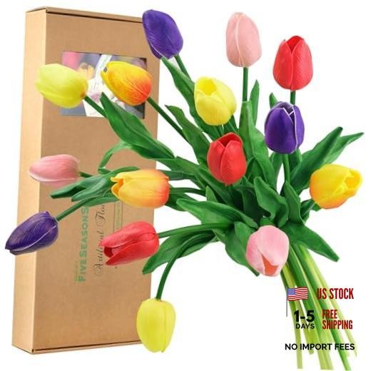 Real Touch Tulips Artificial Flowers – 15 Stems Faux Tulip Bouquet #9 Rainbow