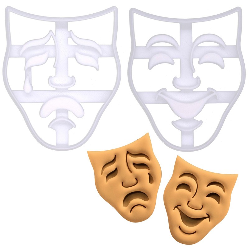 2-Piece Theatre Mask Cookie Cutter Set (Comedy & Tragedy Masks, 3D Printed, D…