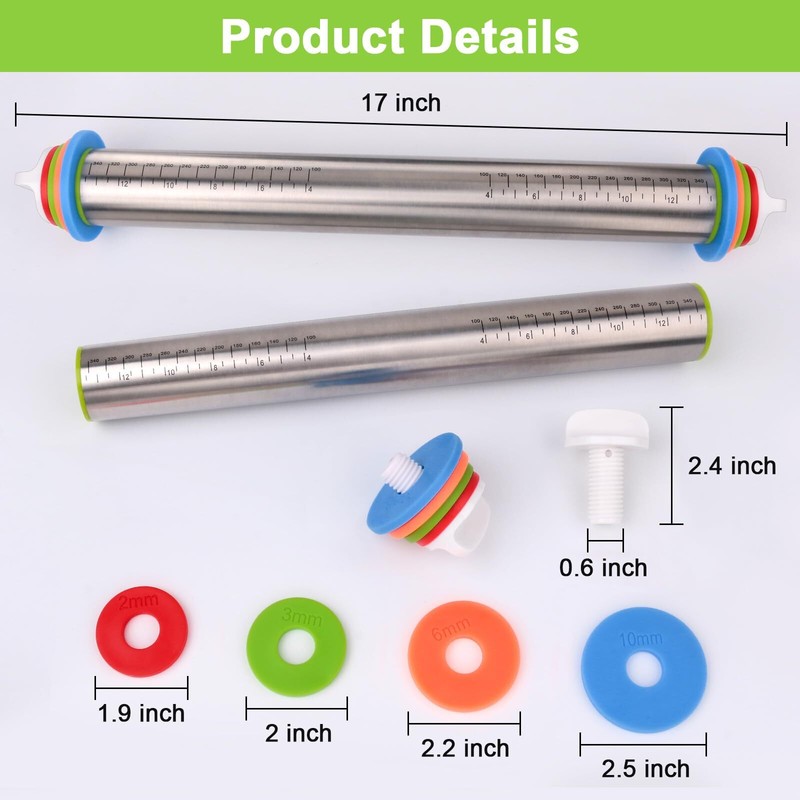Adjustable Rolling Pin with Thickness Rings for Baking Stainless Steel Design…