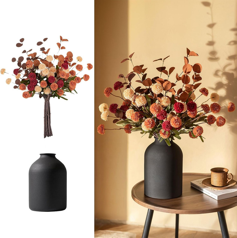 Flower Centerpiece Table Decorations: Metal Vase with 12 Stems of Fake Mums Kiku