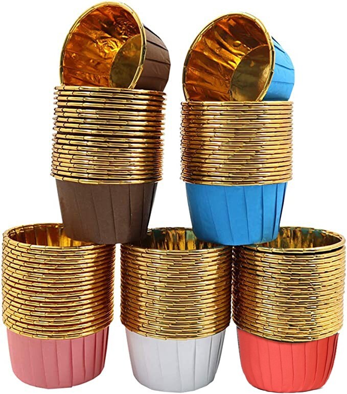 100Pcs Aluminum Foil Cupcake Liners,5 Colors Muffin Metallic Baking Cupcake Cups