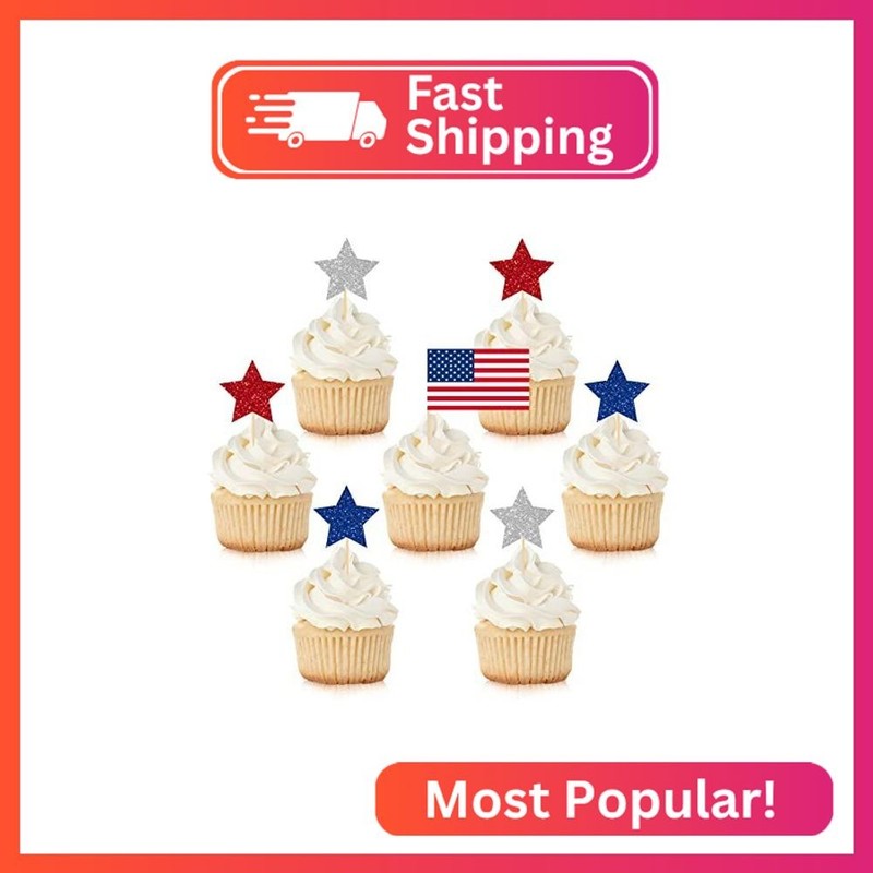 Whaline 140Pcs Patriotic Cupcake Topper Glitter Star American Flag Cupcake Picks