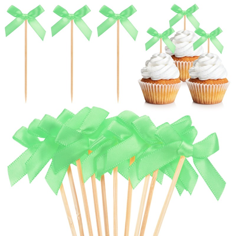 60Pcs Bow Cupcake Toppers Ribbon Bow Cake Toppers for Cupcake Decor[Fruit Green]