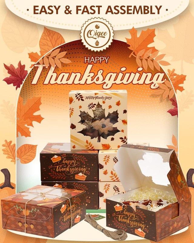 36 Pack Thanksgiving Bakery Box with Window 6x6x3 Inch Gold Leaves Cookie gallery