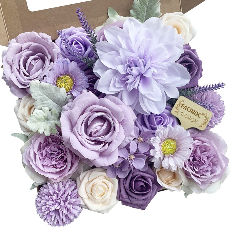 FACINOC Purple Roses Artificial Flowers Box Set with Stems – Realistic Faux Flor