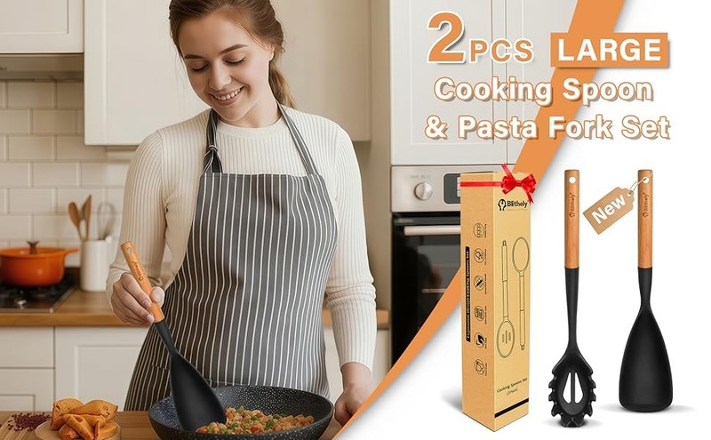 Silicone Cooking Spoon and Pasta Fork Set, 2 Pa Lar Spatula Spoons Set gallery