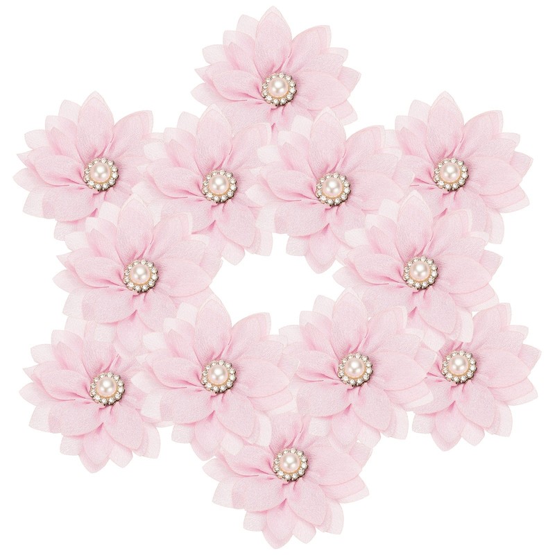 2.36 in Rhinestone Chiffon Flower, 12 Pcs Fabric Appliques, Pink