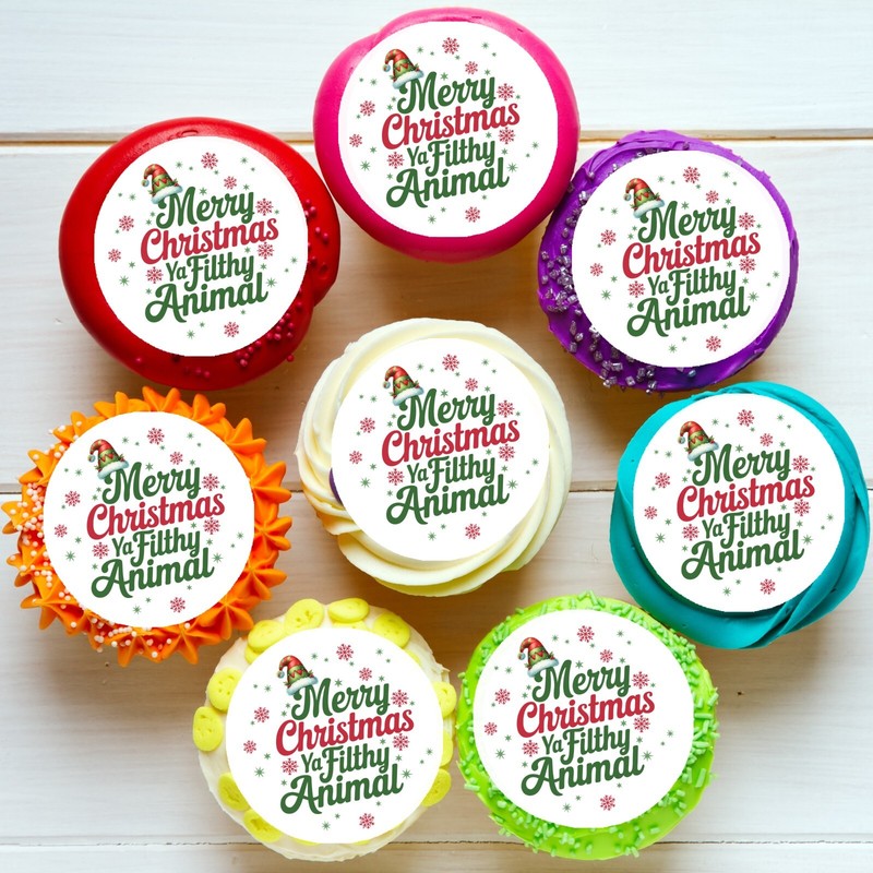Merry Xmas Ya Filthy Animal Christmas Pre-cut Edible Cupcake or Cookie Toppers