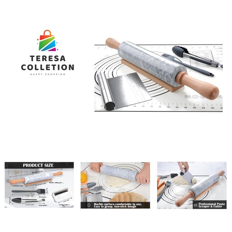 Marble Rolling Pin Set with Silicone Pastry Mat,Pastry Brush,Cooking Tongs,St…